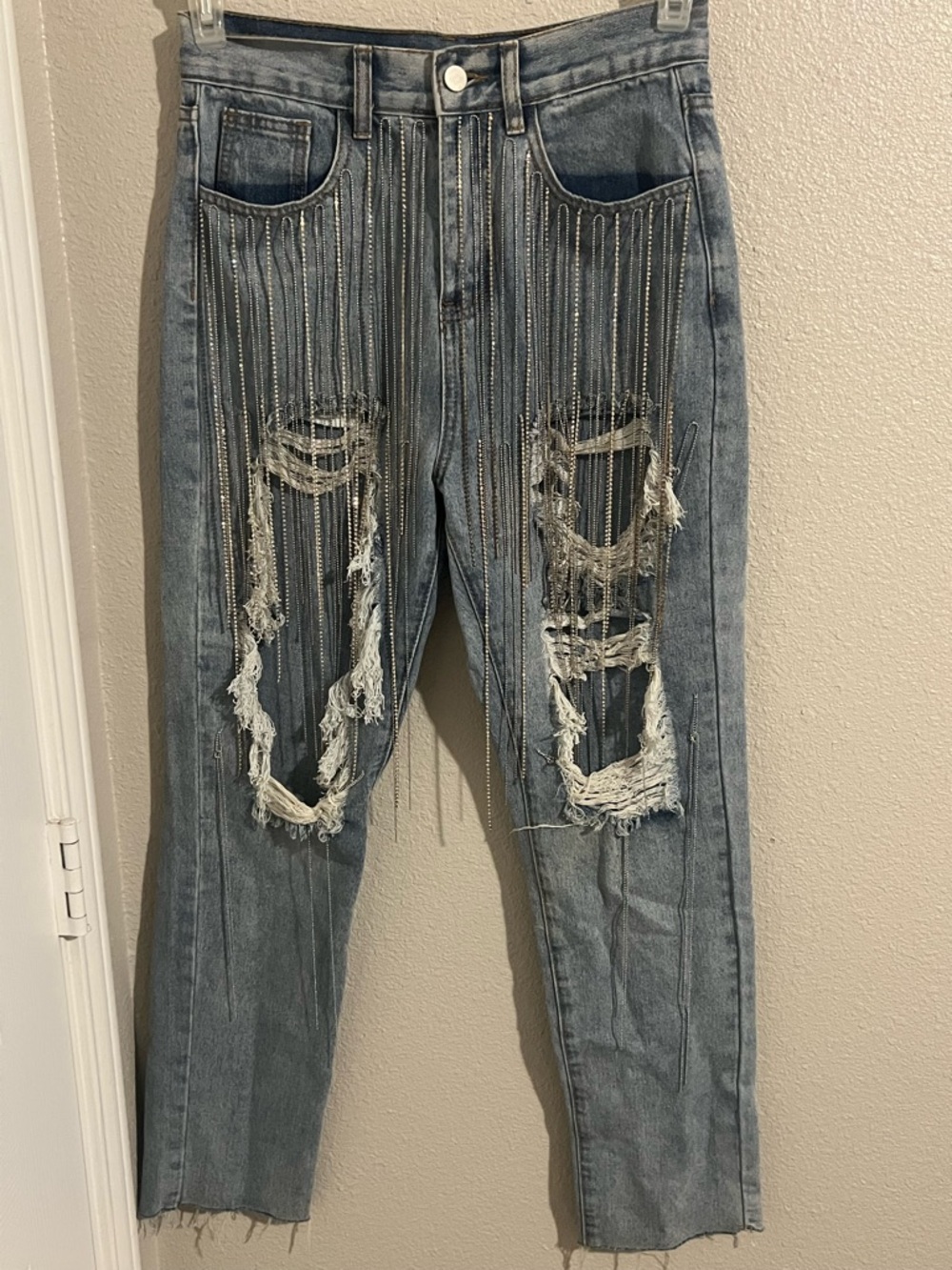 Beaded Fringe Distressed Light Blue Cropped Jeans